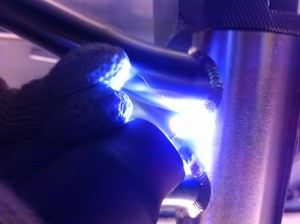 Closeup of TIG welding a head tube