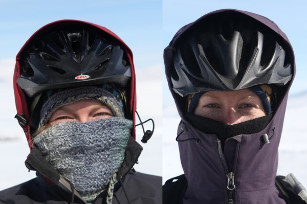 Kate and Mel masked for cold weather