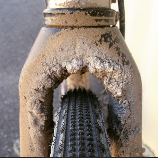 Crusty dirt collected on a fork crown
