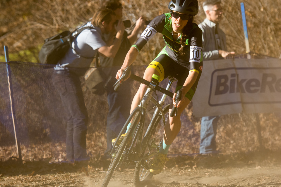 Julie kicks up the dirt on the corner at CX nationals
