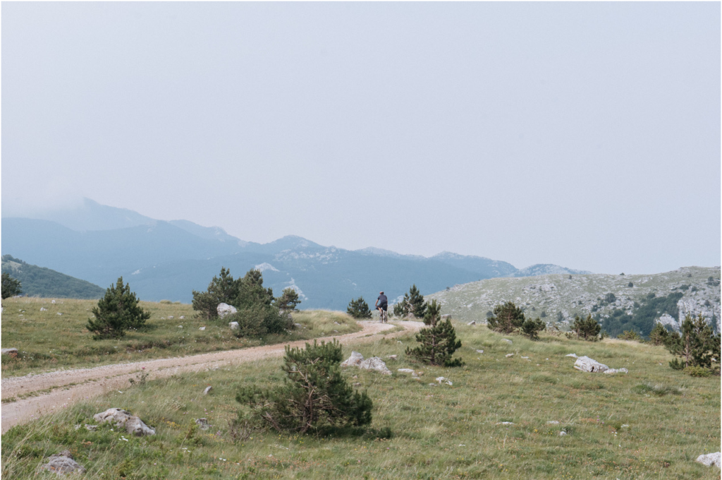 a winding road with a lone rider