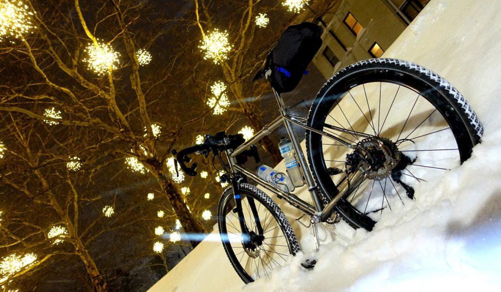 a Seven rests in an urban snow pile at night