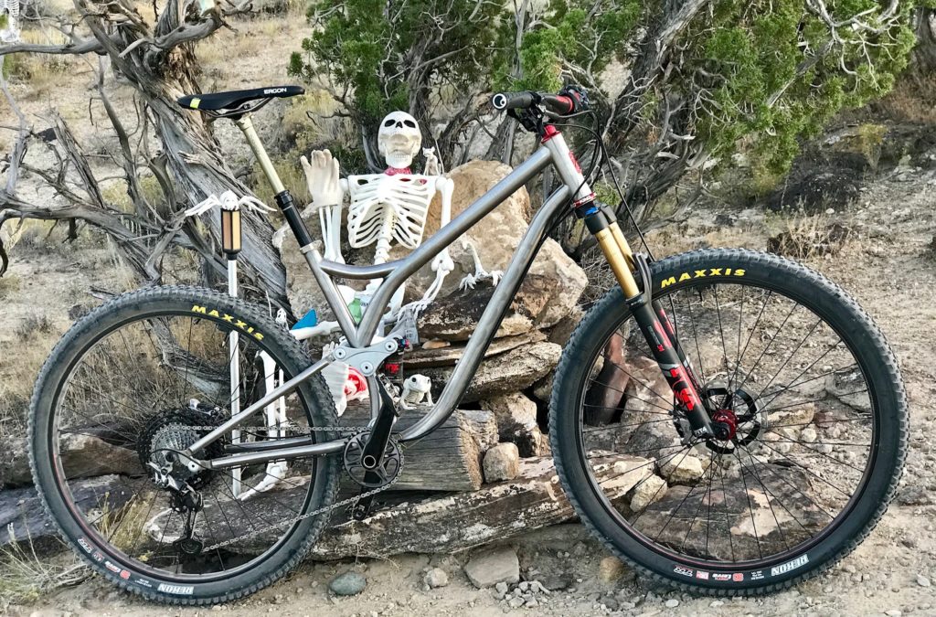 A Mobius SL rests agains a pile of driftwood with a plastic skeleton and some other Halloween decoration